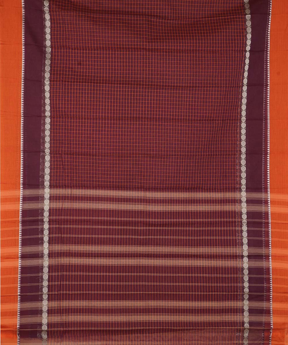 Dark brown checks cotton handwoven narayanapet saree