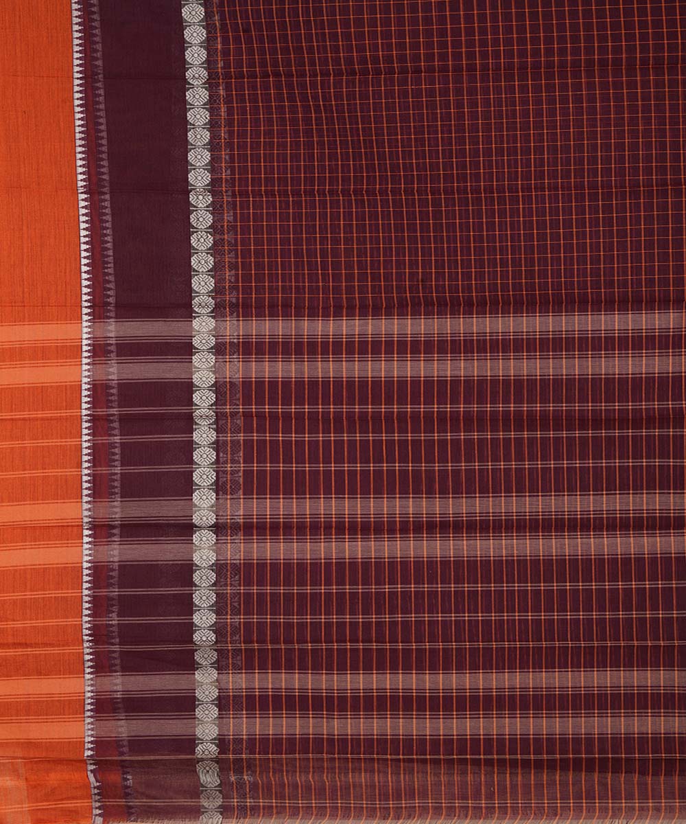 Dark brown checks cotton handwoven narayanapet saree