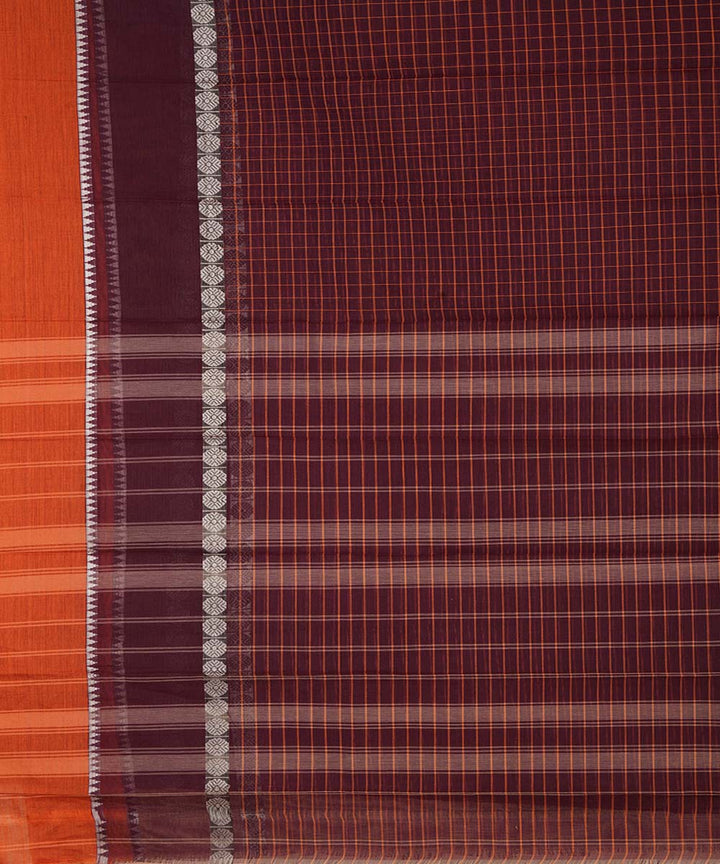 Dark brown checks cotton handwoven narayanapet saree