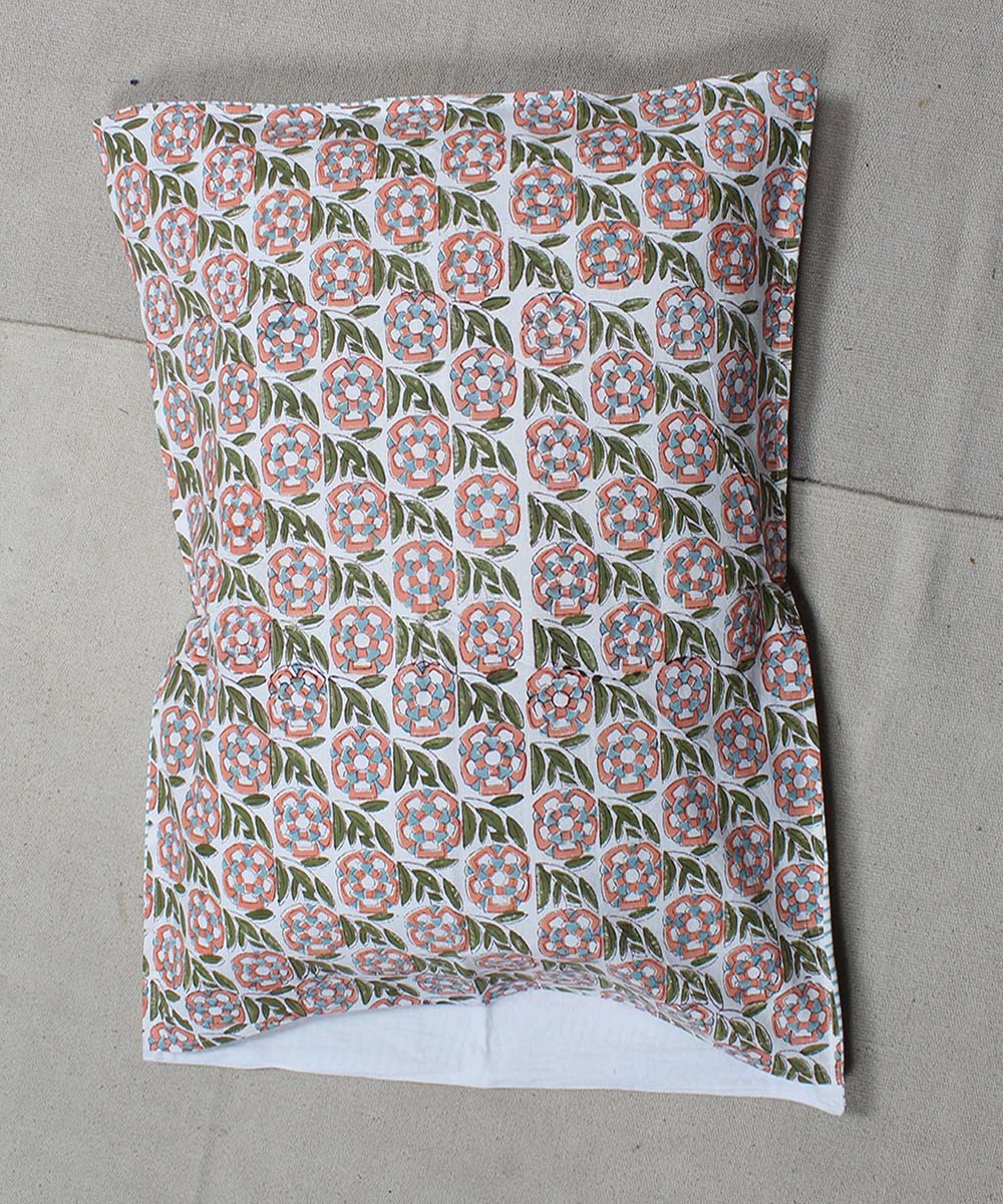 White green cotton hand block floral print bedsheet