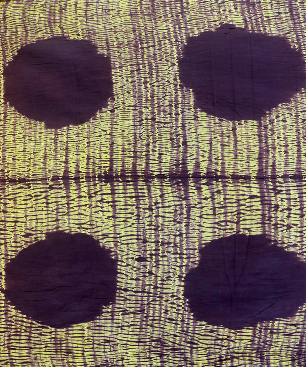 Yellow brown shibori tie dye printed cotton fabric