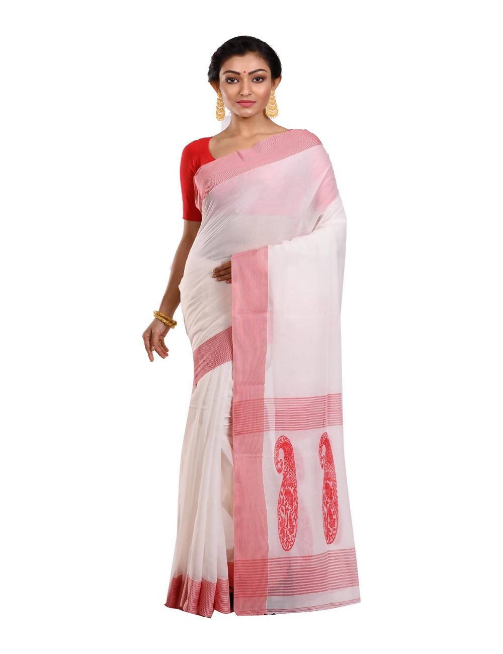 Bengal Handloom White Red Cotton Tant Saree
