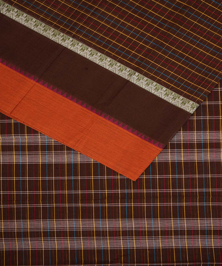 Brown grey checks cotton handwoven narayanapet saree