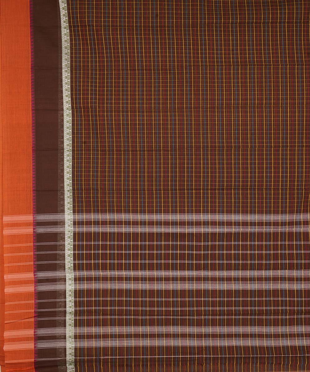 Brown grey checks cotton handwoven narayanapet saree