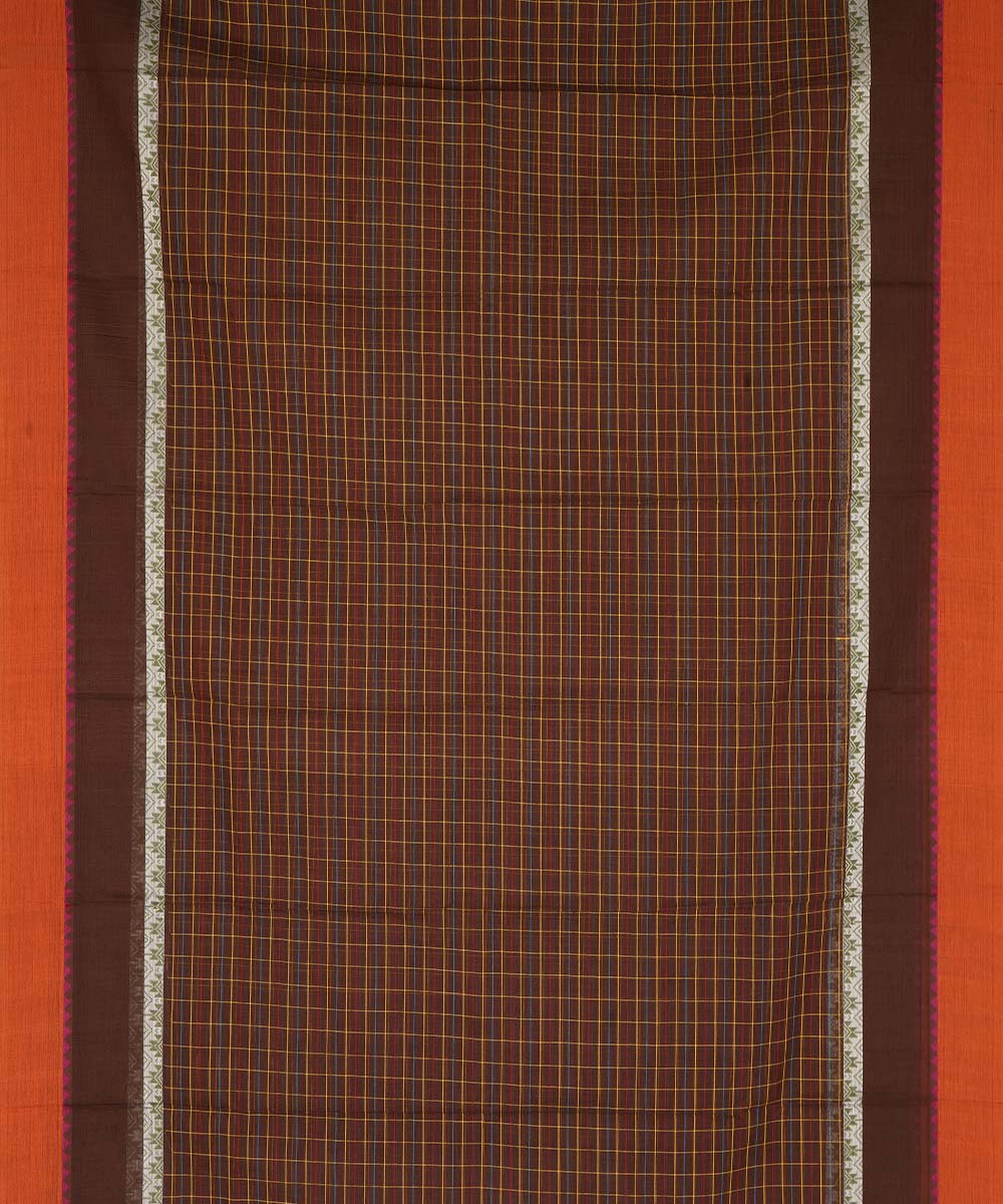 Brown grey checks cotton handwoven narayanapet saree