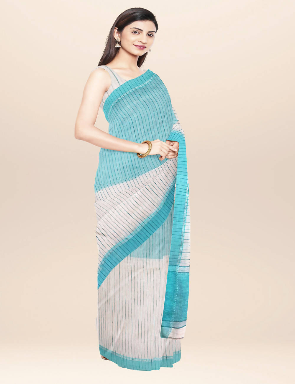 Off white blue handwoven bengal cotton saree