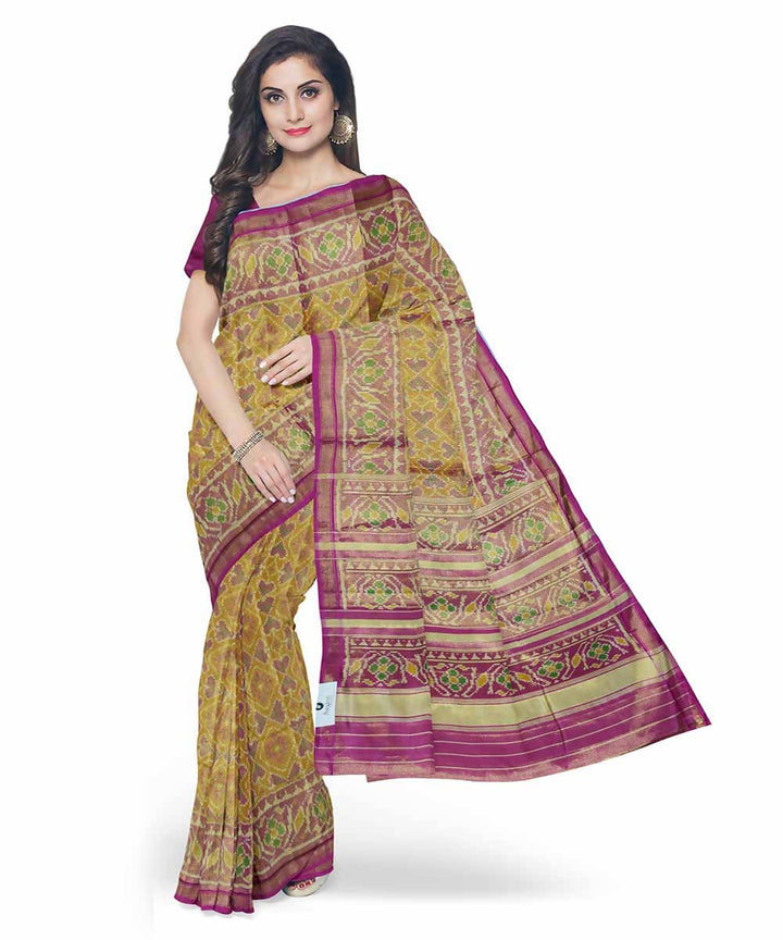 Mustard yellow pink handwoven patola silk saree