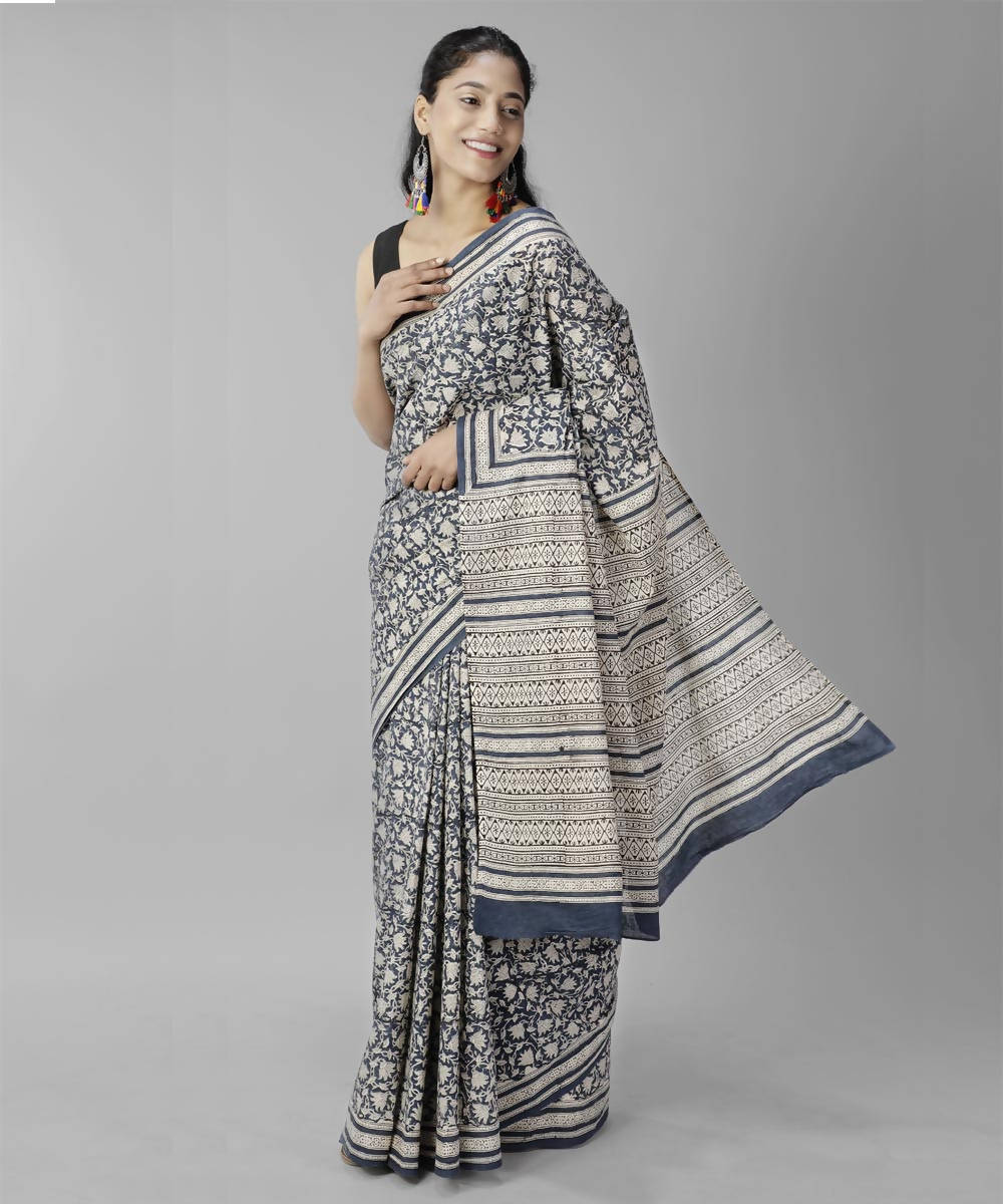 Dark grey bagru handblock printed cotton saree