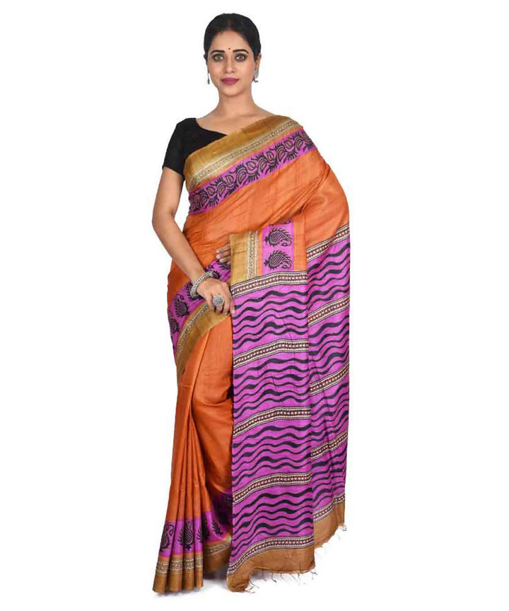 Orange and purple bengal hand embroidery tussar silk saree