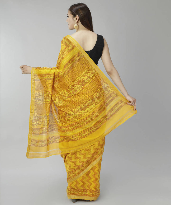 Mustard yellow bagru handblock printed cotton silk saree