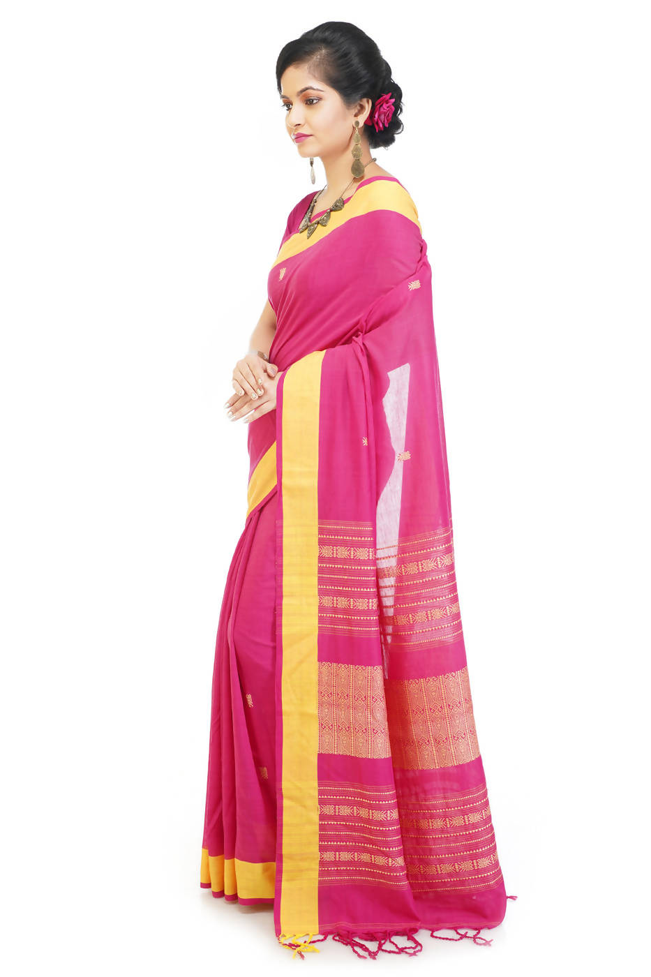 Handloom bengal pink and yellow cotton saree