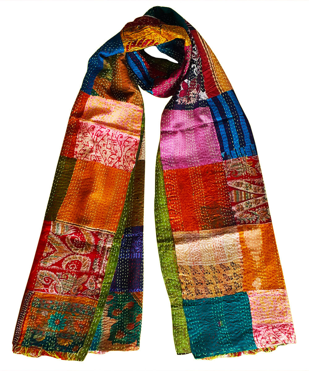 Hand stitched patchwork reversible kantha silk shawl