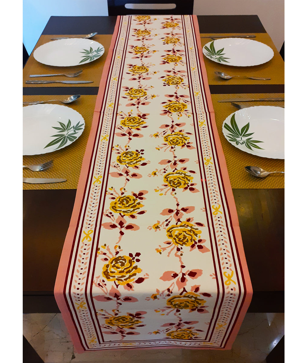 Yellow rose handblock print cotton table runner