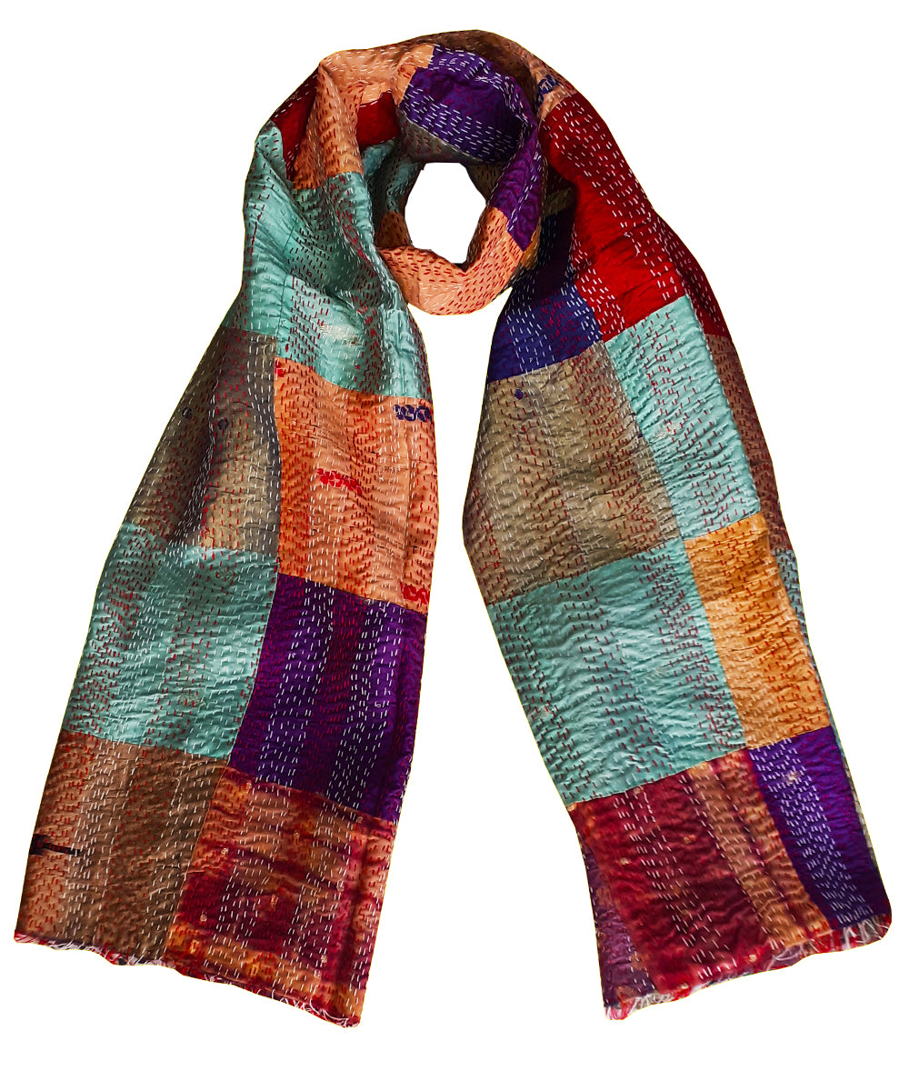 Multicolor hand stitched patchwork kantha silk shawl (Reversible ...