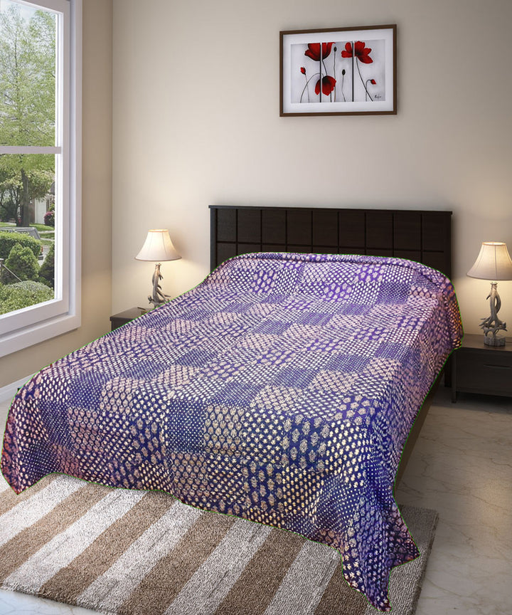 Double layered cotton kantha work indigo bed cover