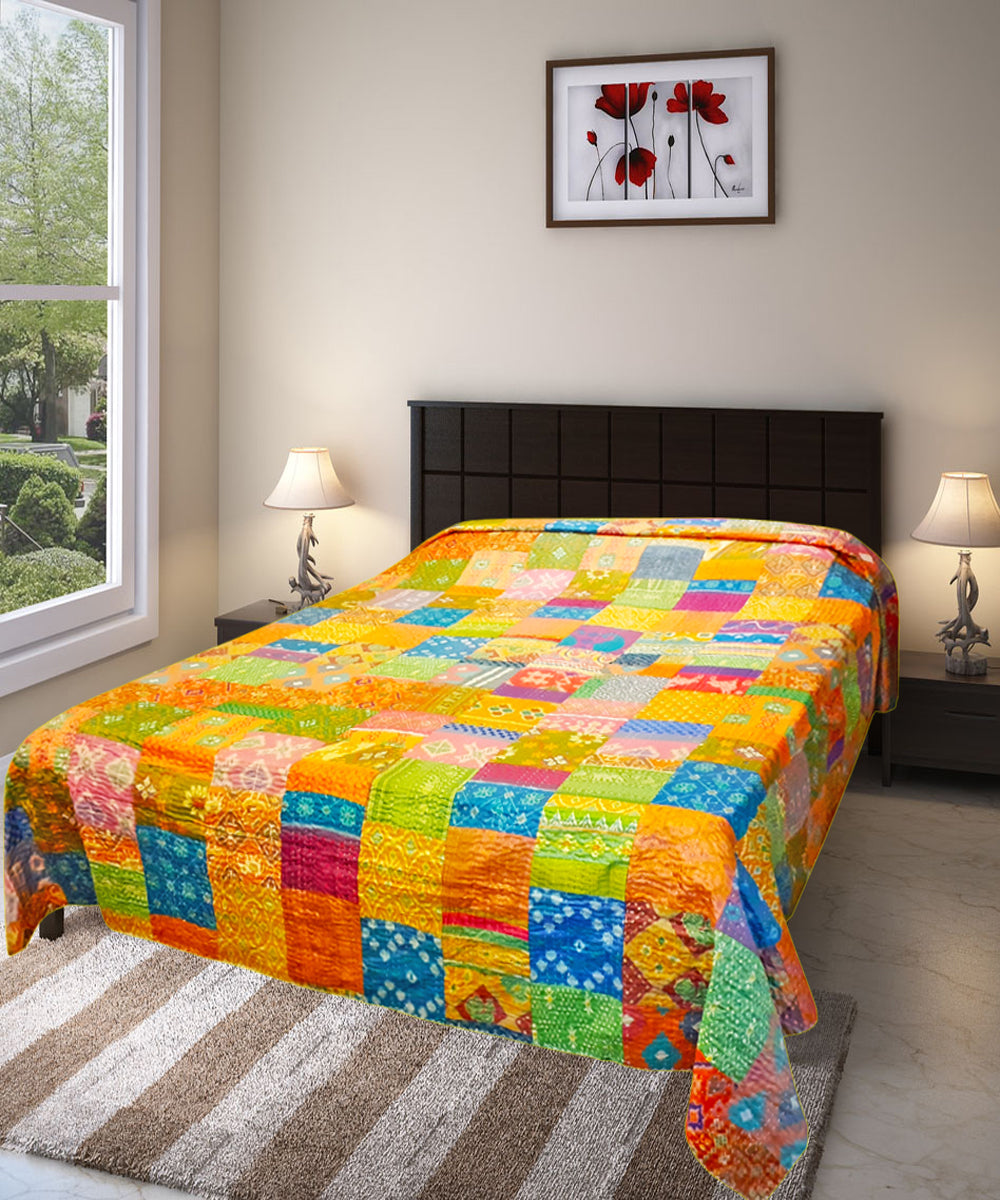 Patchwork hand stitched kantha Patola Silk Bed Cover