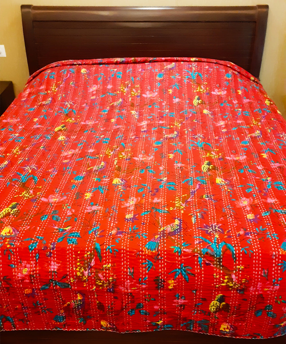 Kantha stitch double layered cotton bed cover
