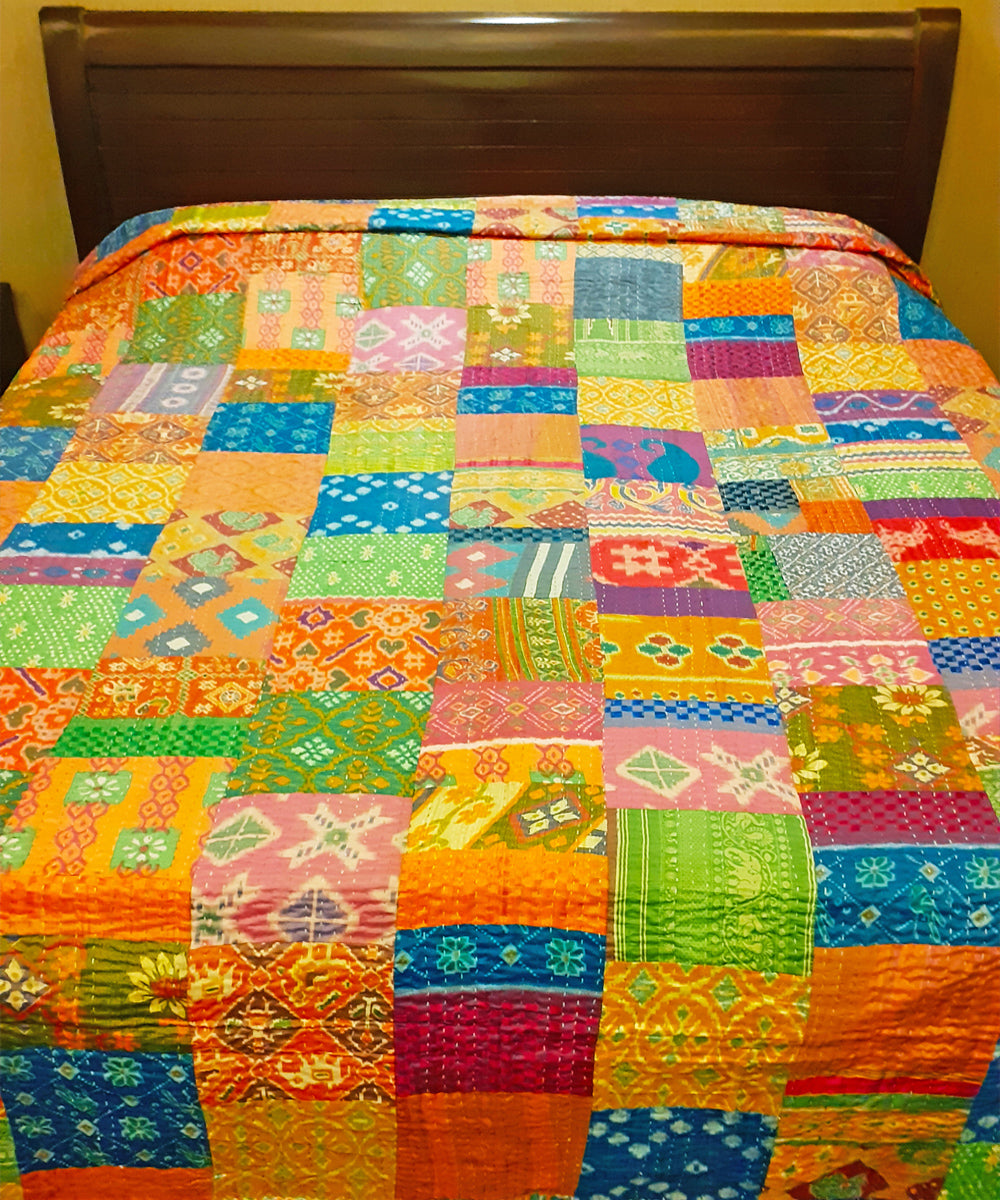 Patchwork hand stitched kantha Patola Silk Bed Cover