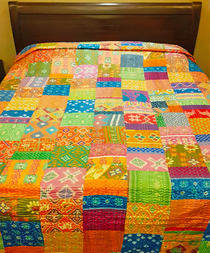 Patchwork hand stitched kantha Patola Silk Bed Cover