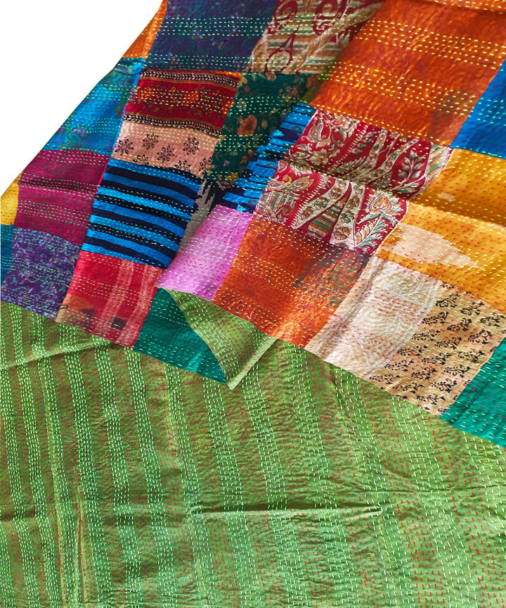 Hand stitched patchwork reversible kantha silk shawl