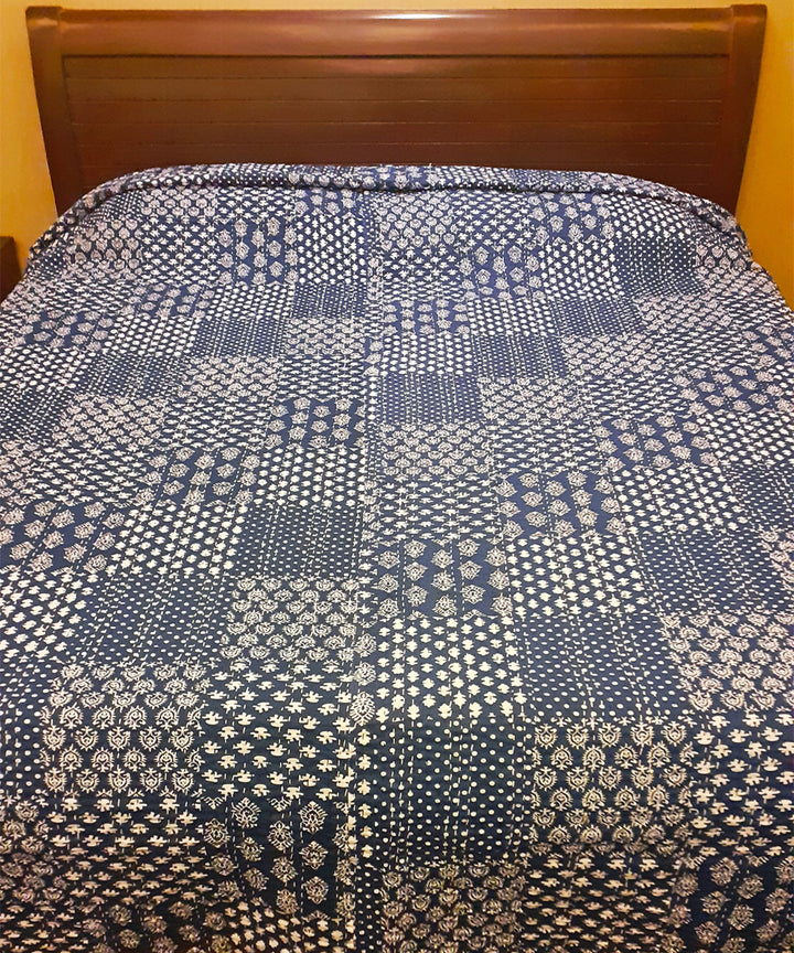 Double layered cotton kantha work indigo bed cover
