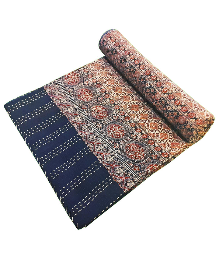 Ajrakh print kantha work double layered cotton bedcover