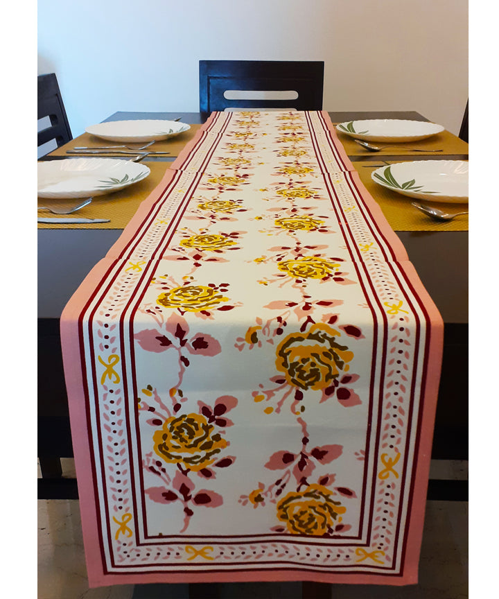 Yellow rose handblock print cotton table runner