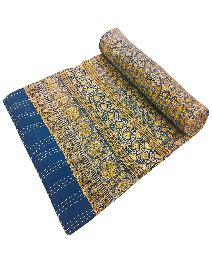 Ajrakh print kantha work double layered cotton double bedcover