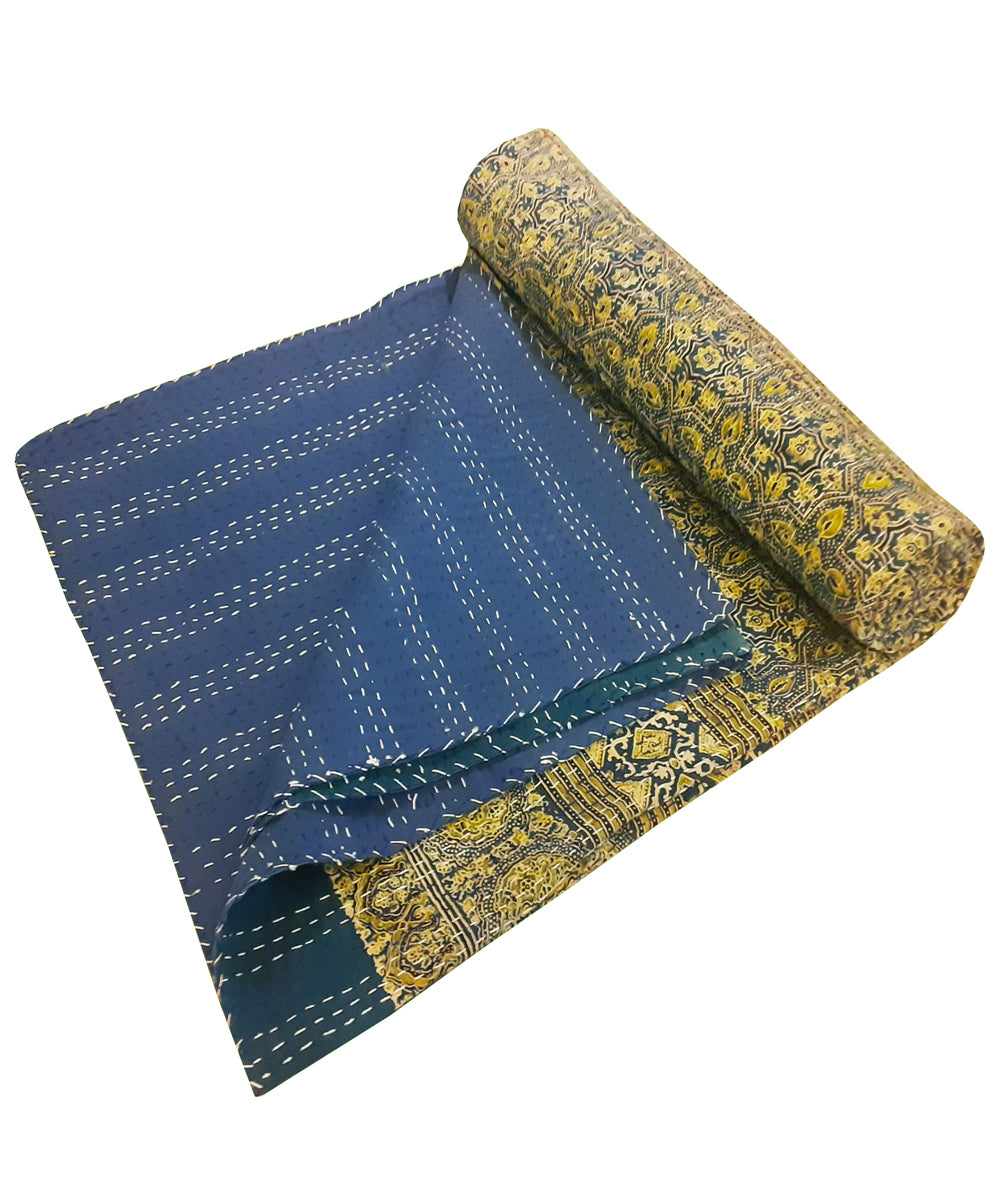Ajrakh print kantha work double layered cotton double bedcover
