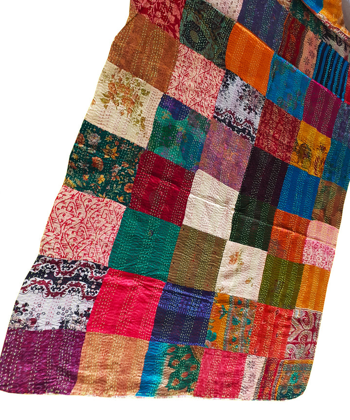 Hand stitched patchwork reversible kantha silk shawl