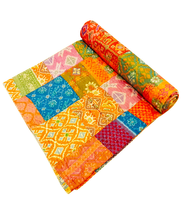 Patchwork hand stitched kantha Patola Silk Bed Cover