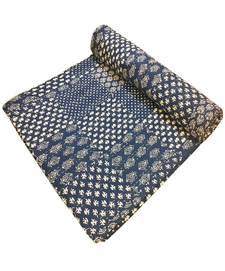 Double layered cotton kantha work indigo bed cover