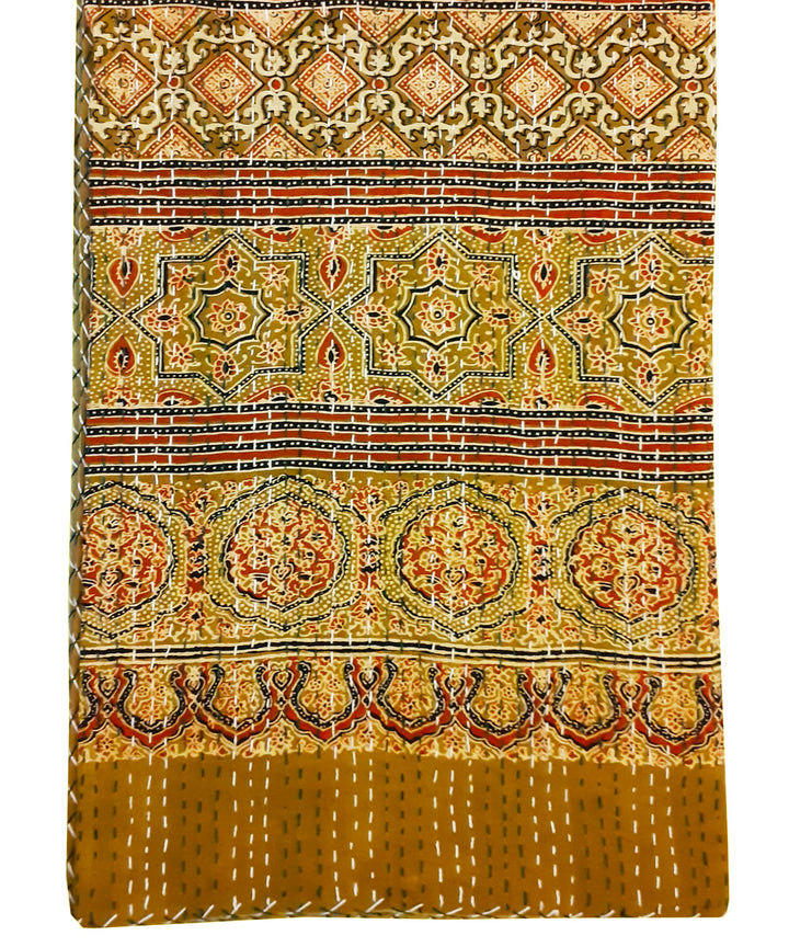 Ajrakh print kantha work double layer cotton bedcover (Single Bed)