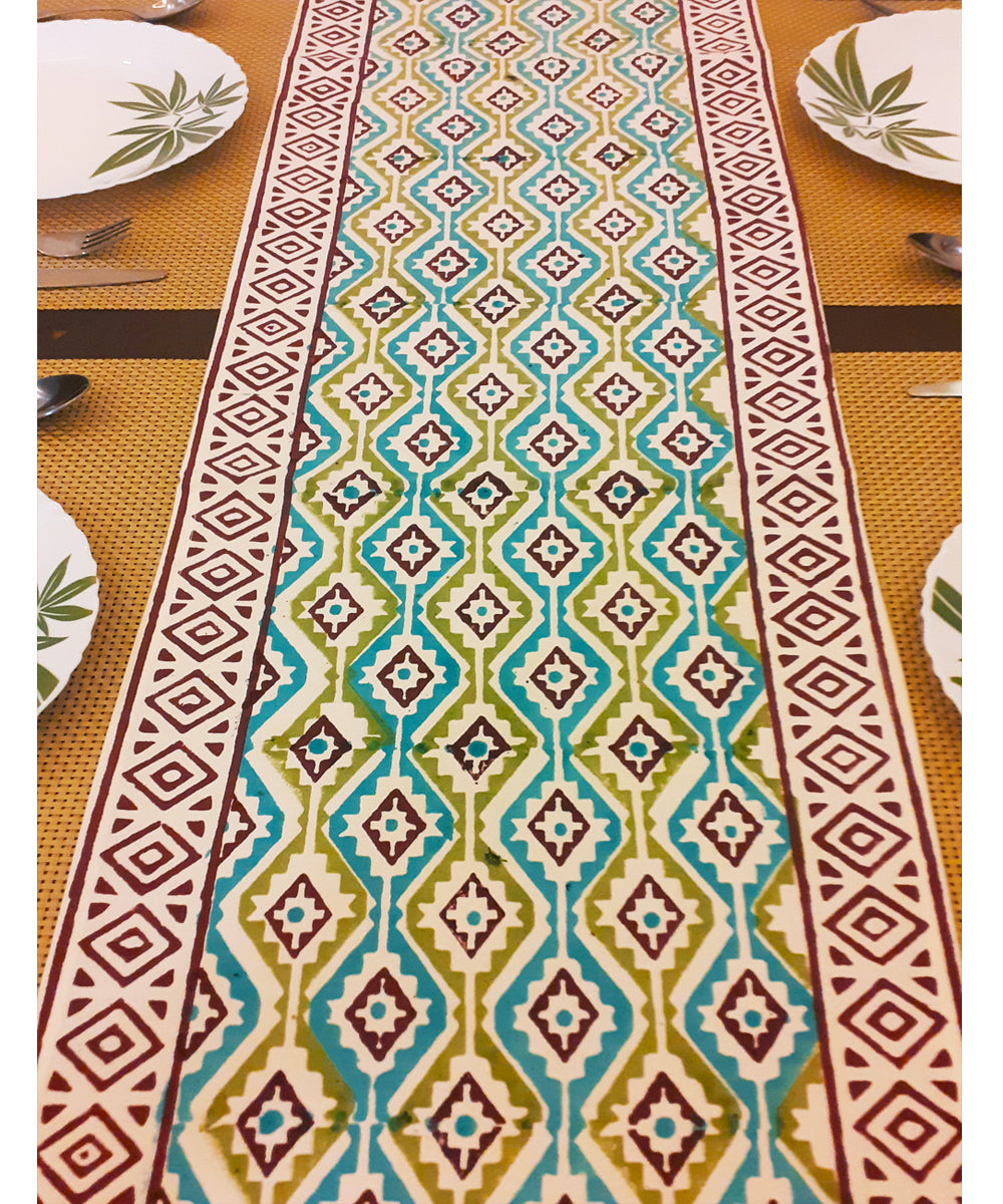 Multicolored hand block printed cotton table runner
