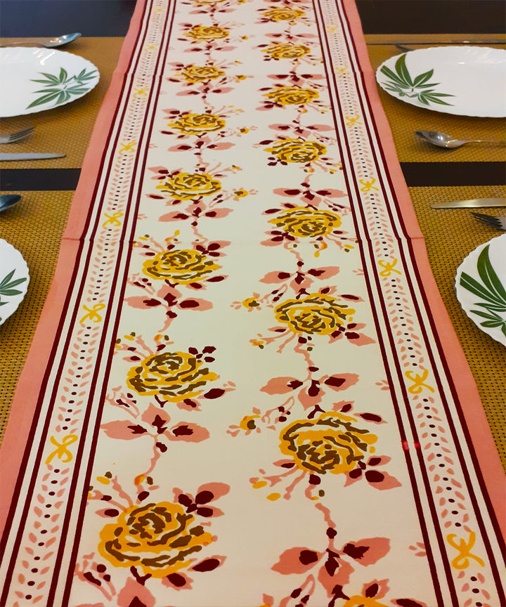 Yellow rose handblock print cotton table runner