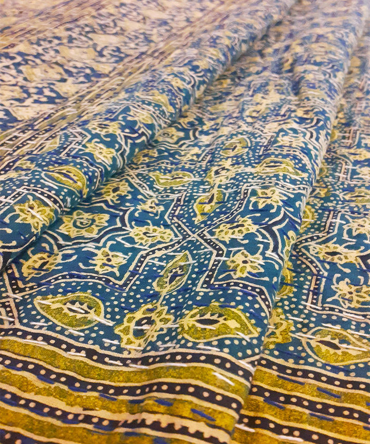 Ajrakh print kantha work double layered cotton double bedcover
