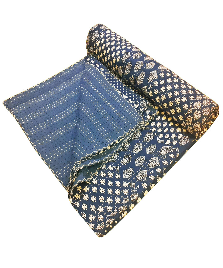 Double layered cotton kantha work indigo bed cover