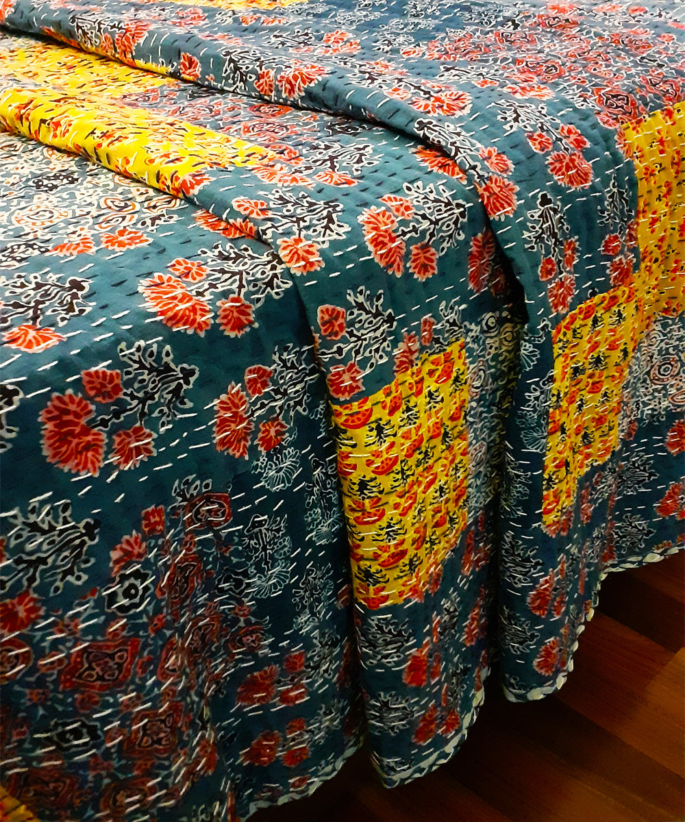 Cotton patchwork double layered kantha stitch handmade bedcover