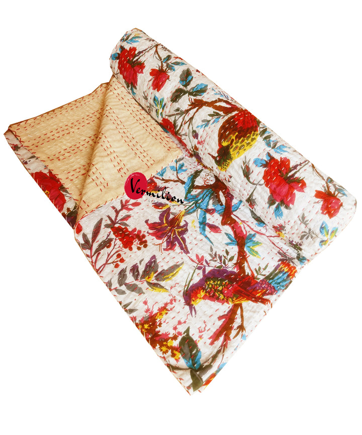Kantha stitch double layered cotton bed cover
