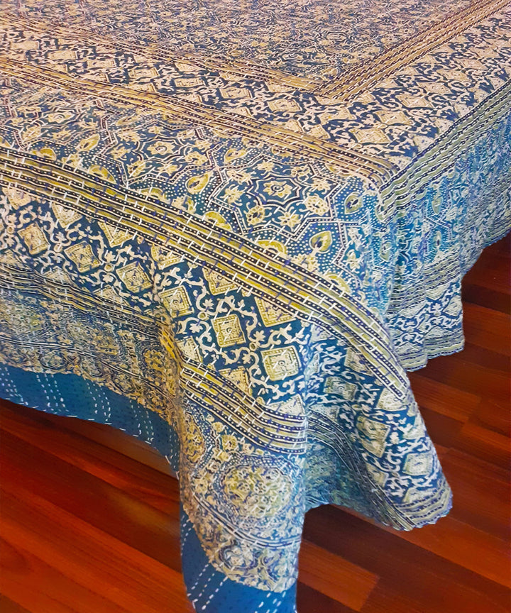 Ajrakh print kantha work double layered cotton double bedcover