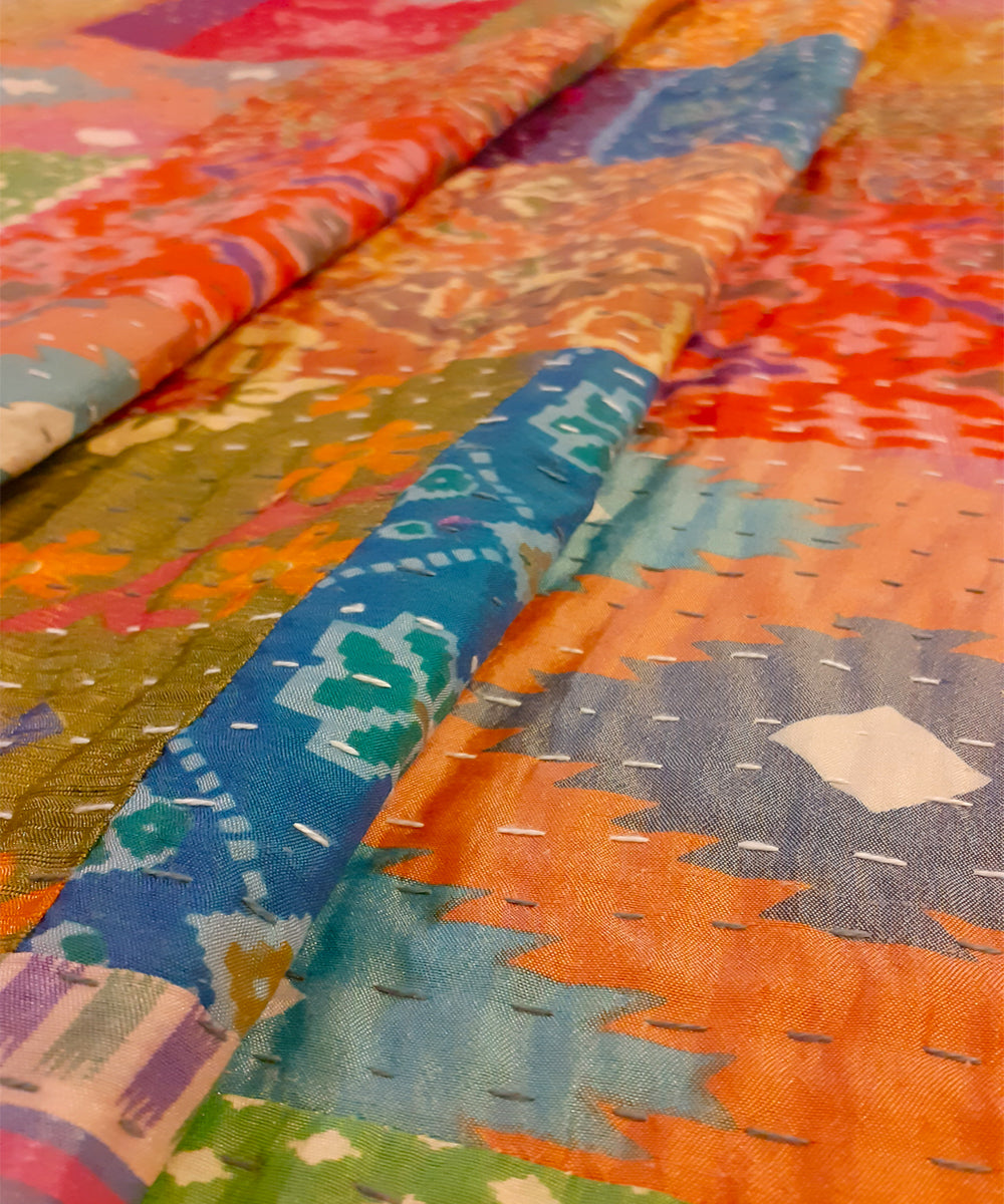 Patchwork hand stitched kantha Patola Silk Bed Cover