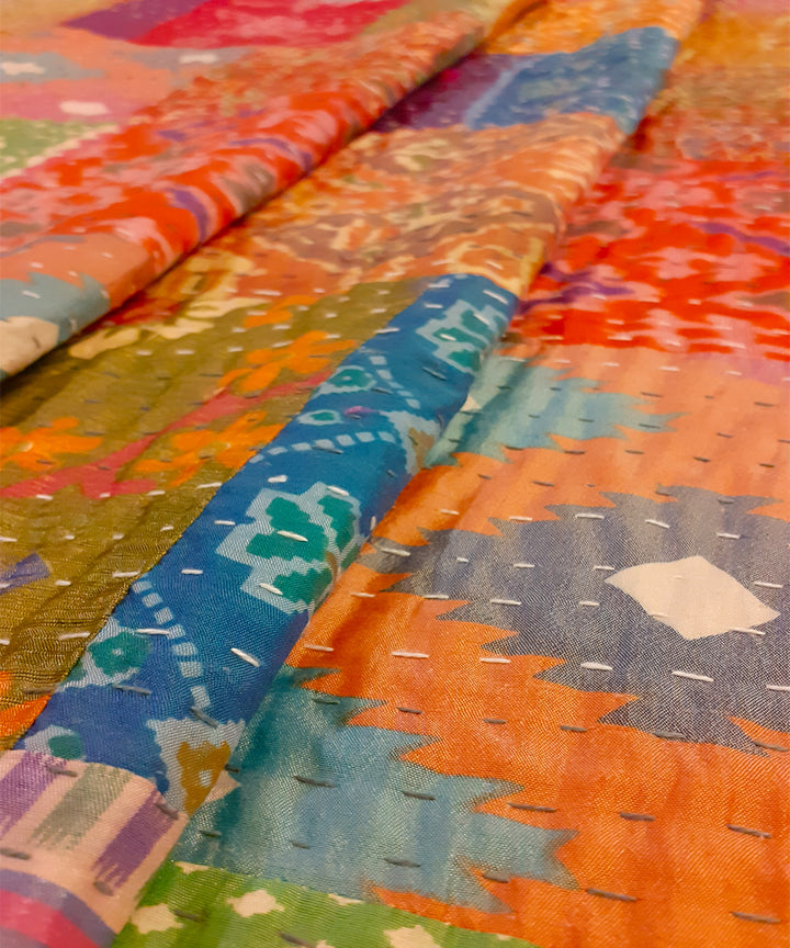 Patchwork hand stitched kantha Patola Silk Bed Cover