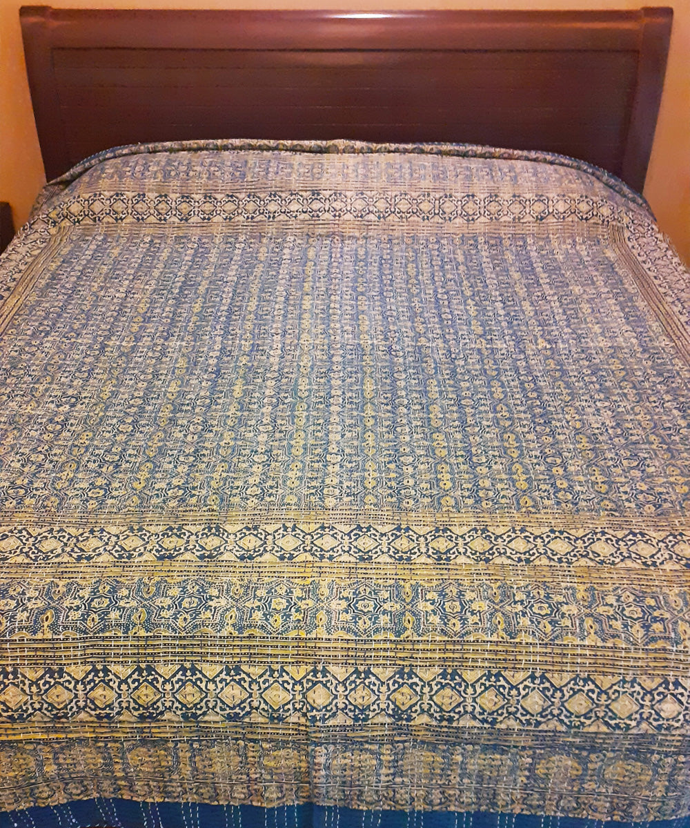 Ajrakh print kantha work double layered cotton double bedcover