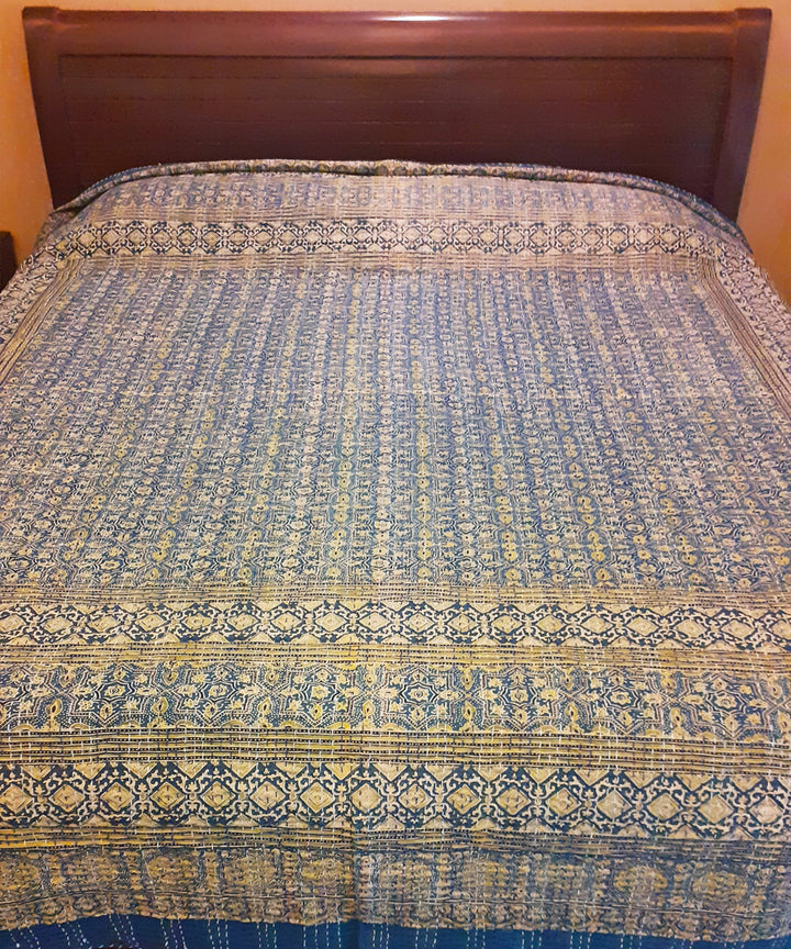 Ajrakh print kantha work double layered cotton double bedcover