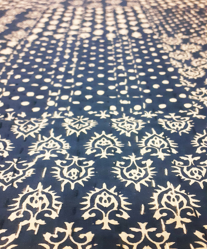 Double layered cotton kantha work indigo bed cover