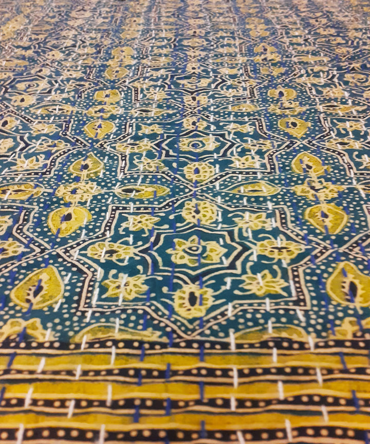 Ajrakh print kantha work double layered cotton double bedcover