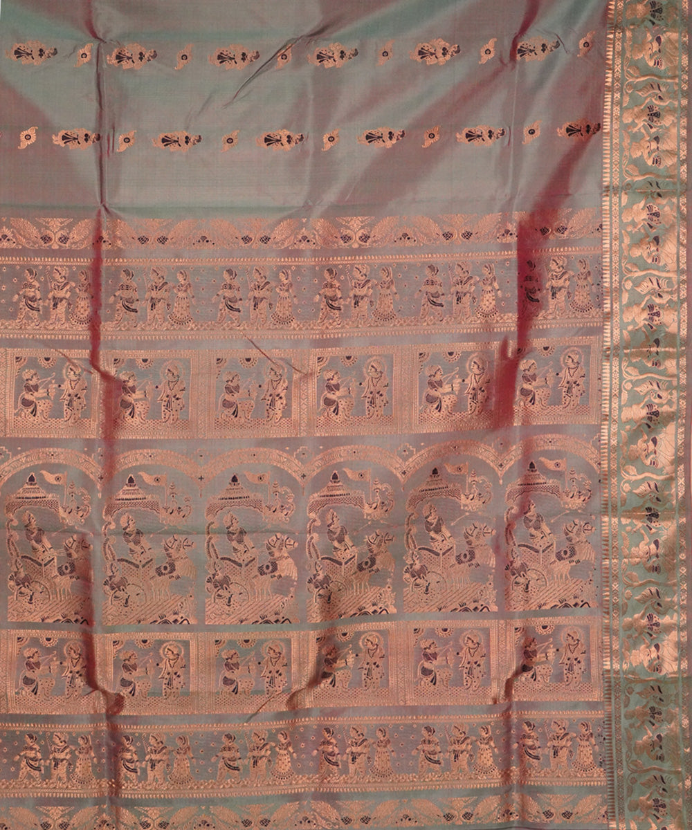 Grey cyan handwoven silk baluchari saree