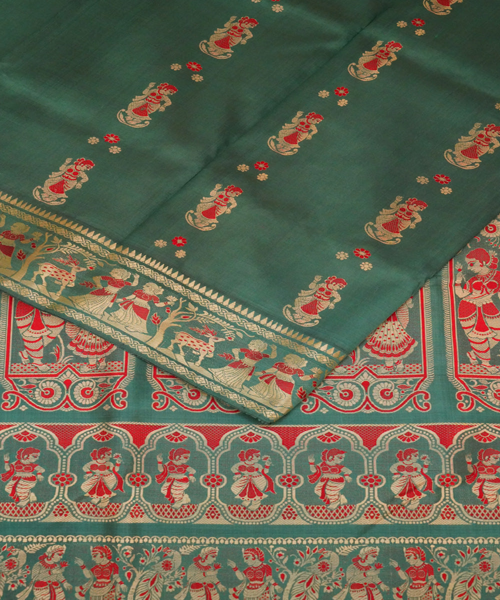 Dark green red handwoven silk baluchari saree