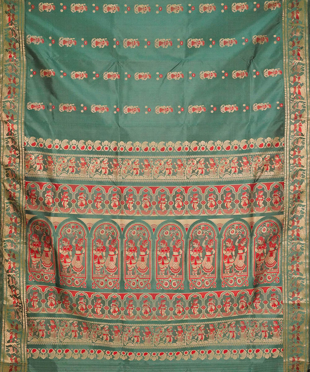 Dark green red handwoven silk baluchari saree