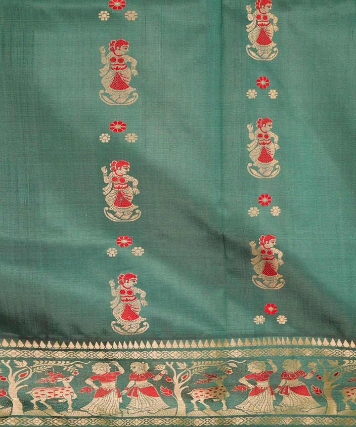 Dark green red handwoven silk baluchari saree